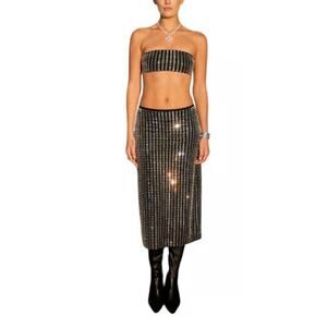 NWT We Wore What Crystal Rhinestone Midi Skirt & Crop Top SET Size S
